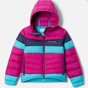Columbia Tumble Rock down puffer striped magenta, teal and navy coat size large